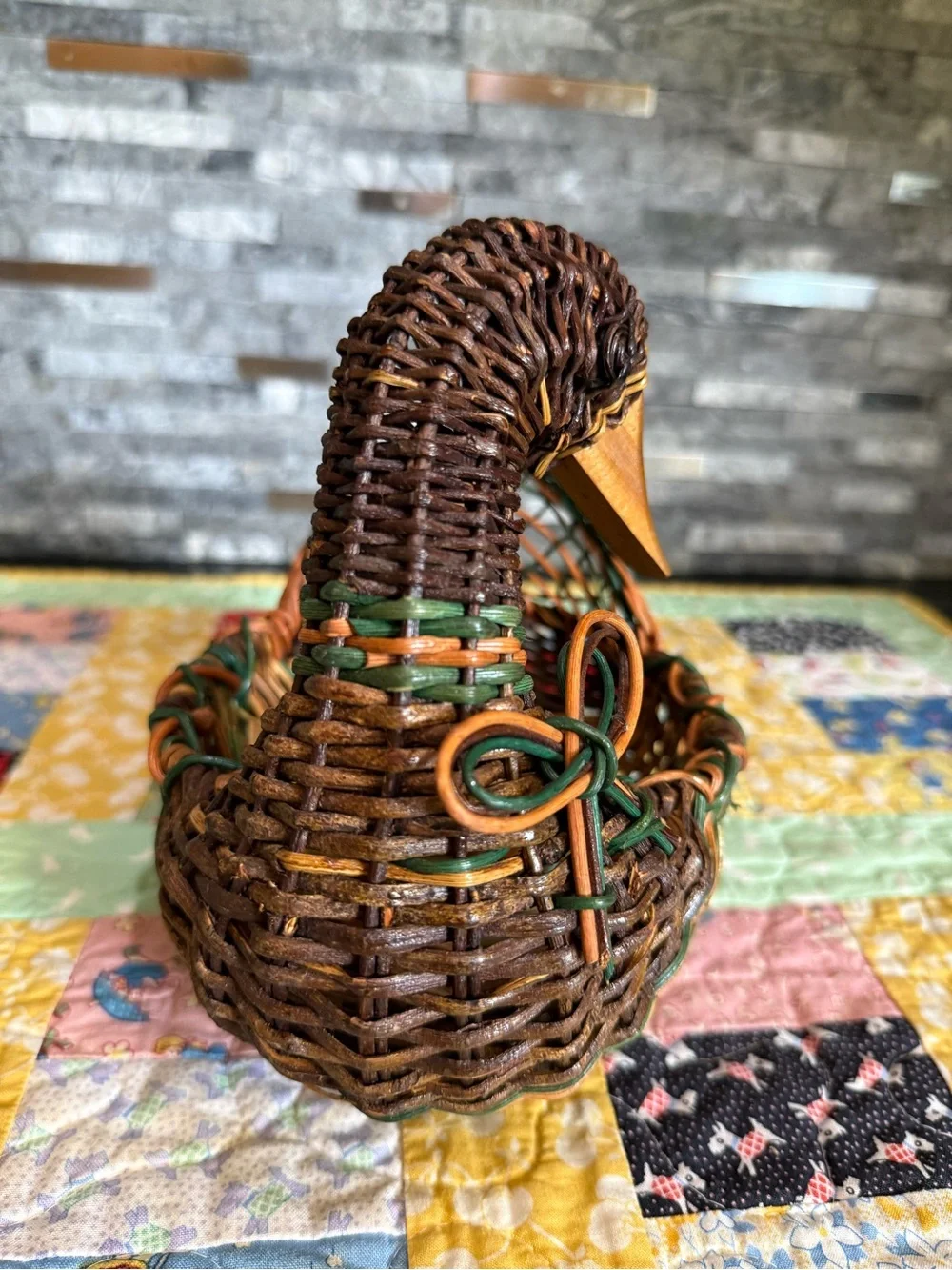 Vintage Cottage Core Woven Duck Basket with Green & Brown Accents